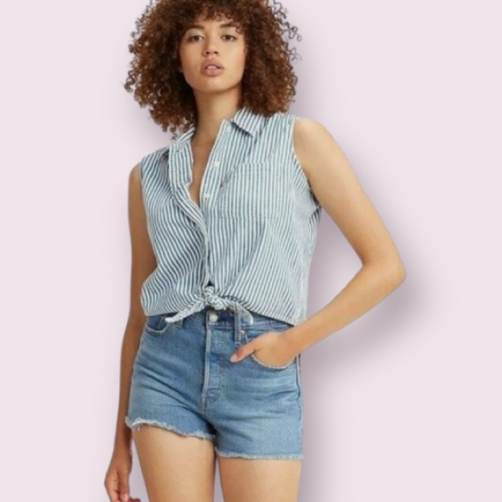 Levi's Rumi Button Down Striped Sleeveless Front Tie Shirt